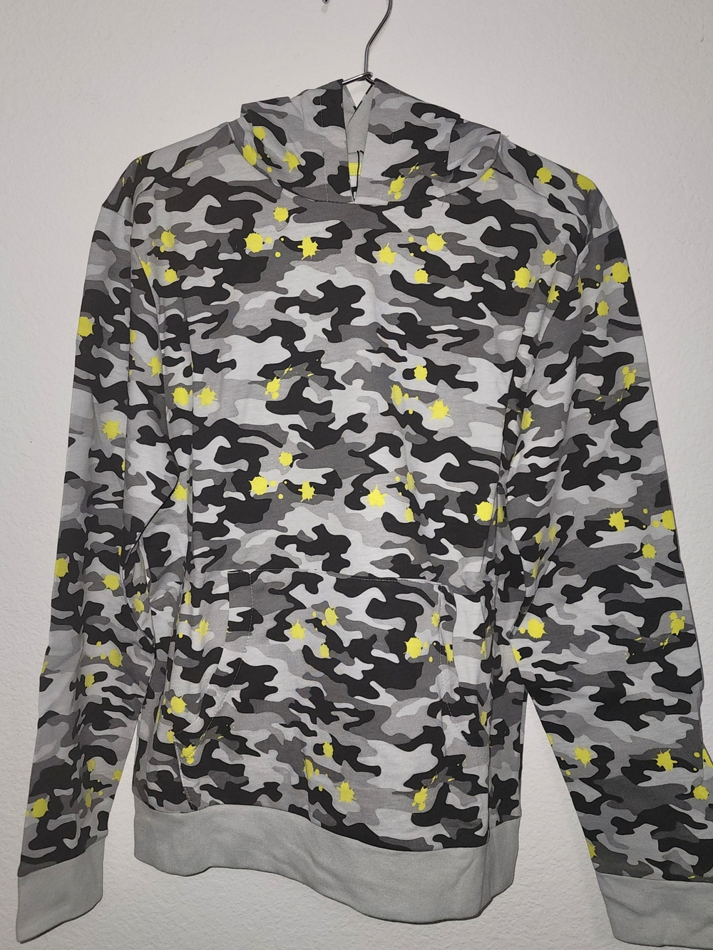 Fashion Nova Grey Camo Hoodie with Yellow Splatter
